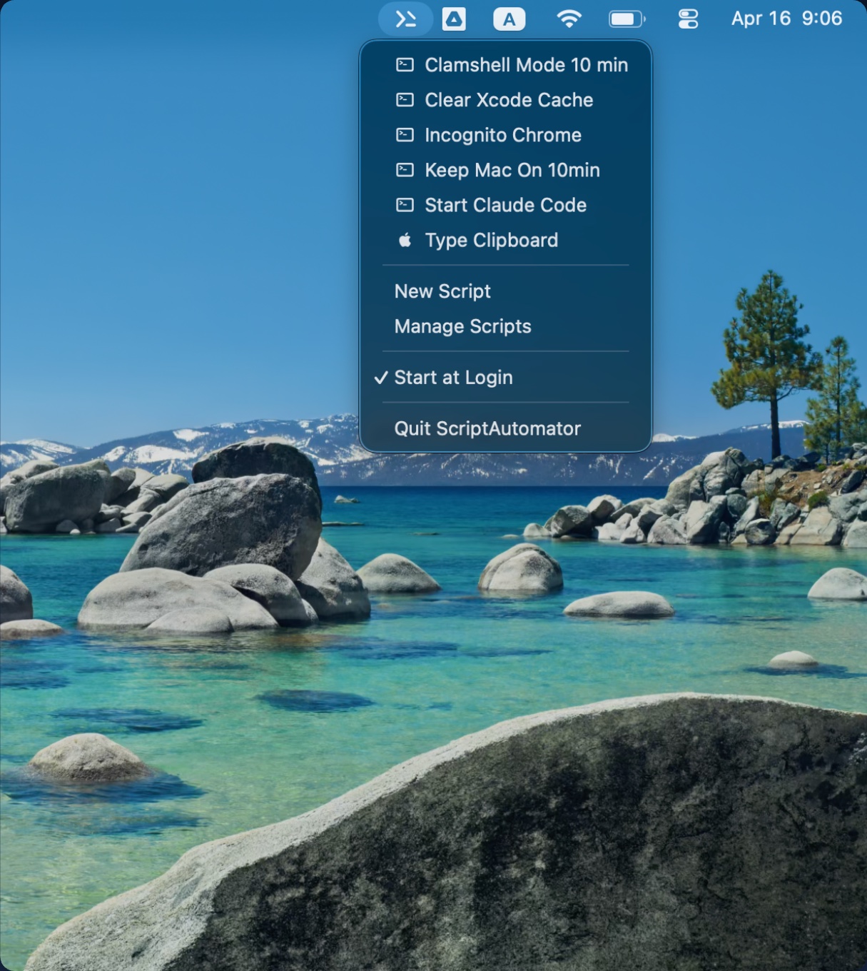 Cropped ScriptAutomator promo showing the menu bar dropdown with user-created scripts.