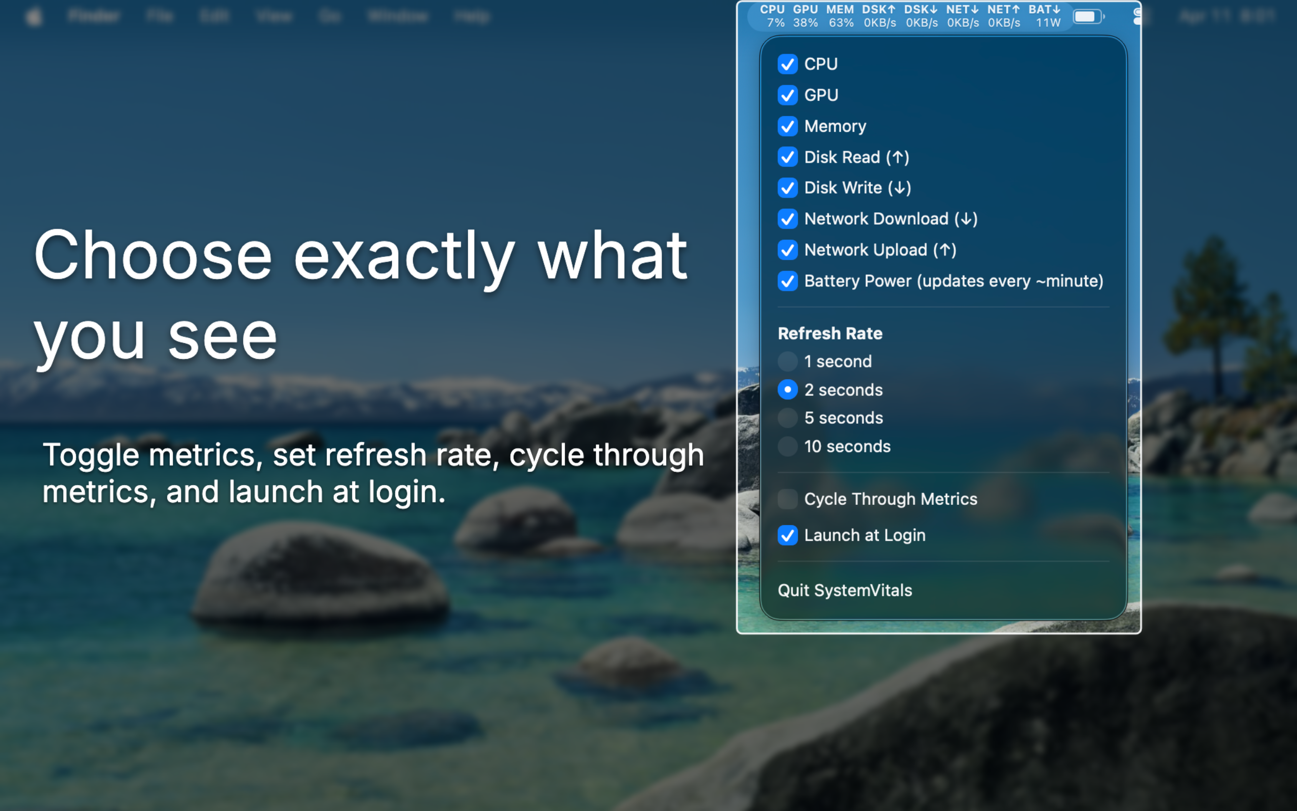 SystemVitals dropdown showing toggles for CPU, GPU, memory, disk, network, battery, and refresh rate.